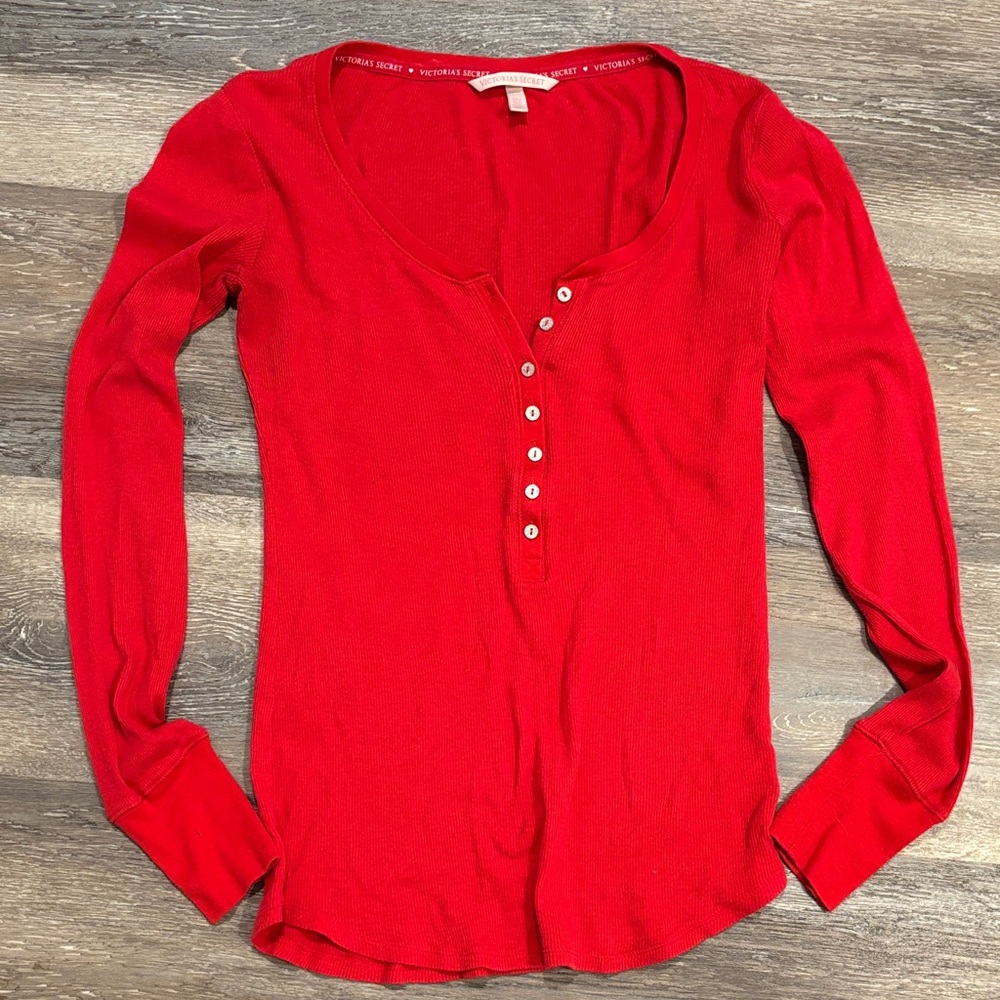 Victoria's Secret Y2K Red Ribbed Thermal Henley Long‎ Sleeve Top XS Bella Swan